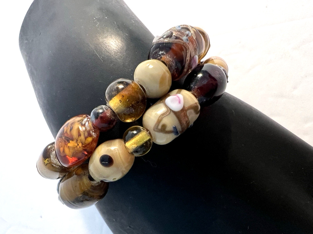 Vintage Amber Multicolor Hand Painted Beaded Wrap Bracelet Adjustable BOHO